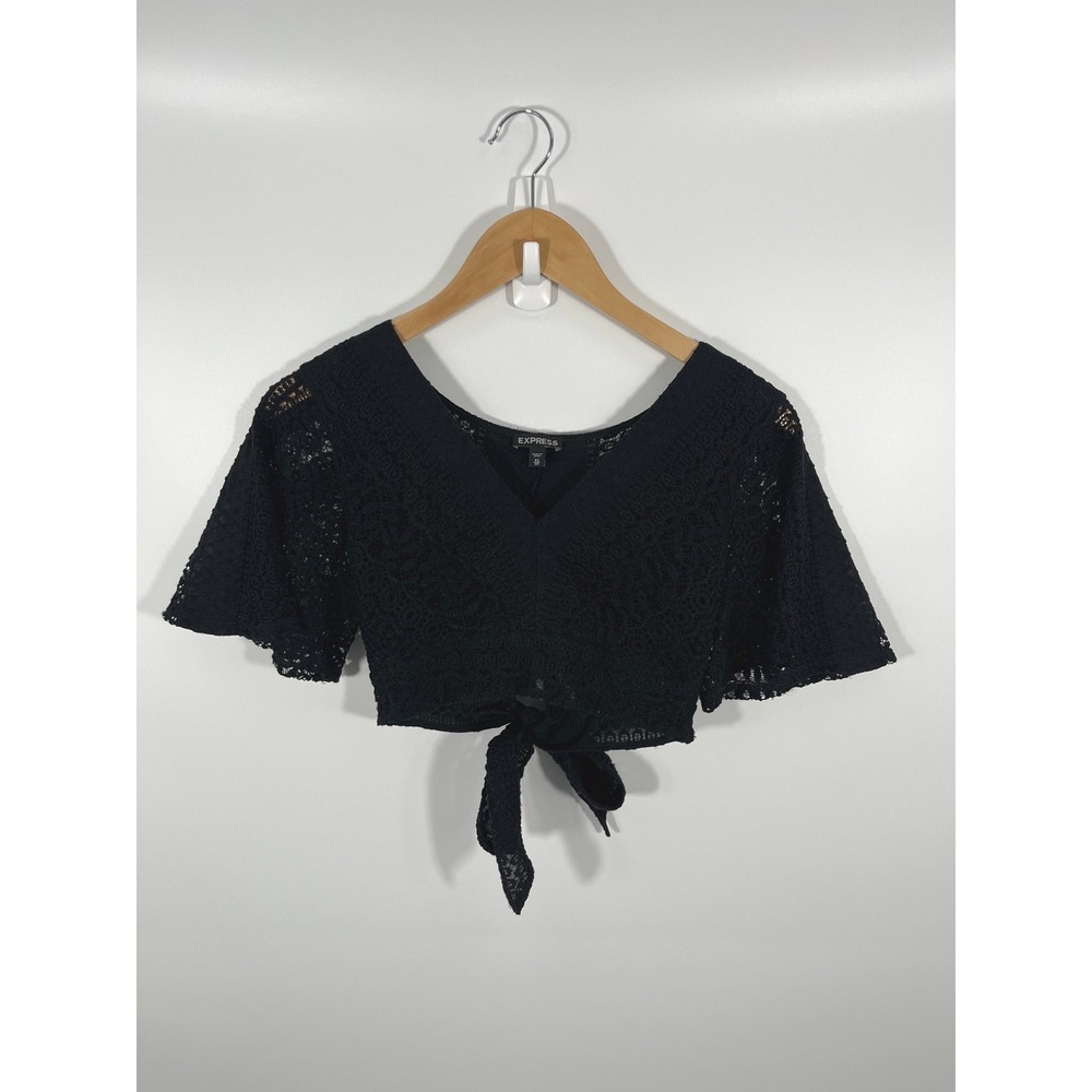 Express Boho Chic Dark Fairy Womens Top XS Black Flare Sleeve Crochet Sheer